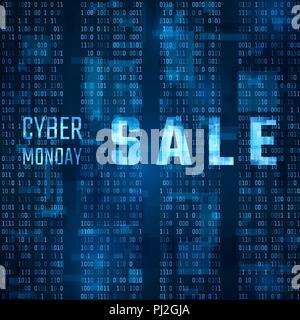 Cyber Monday Sale Promo on Blue Binary Code Background. Vector illustration Stock Vector