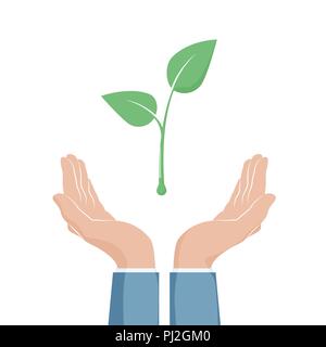 Plant growth between two hands. Eco symbol. Cupped hand that holds green plant seedling. Vector illustration Stock Vector