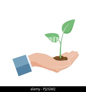 Plant grown in hand. Green sprout grow up in palm. Concept of care and safety. Vector illustration Stock Vector