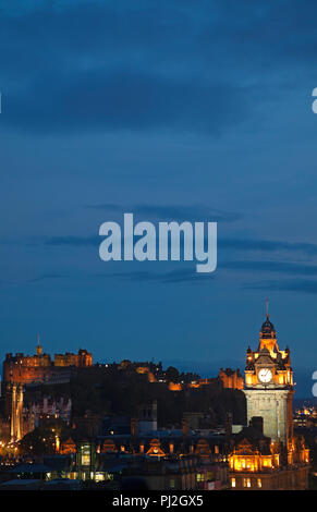 Edinburgh city centre viewed from Calton Hill, with Balmoral Hotel and castle Edinburgh, Scotland. UK, Europe Stock Photo