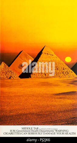 1970s advertisement advertising Benson and Hedges Special Filter cigarettes  - pyramids. With government health warning Stock Photo