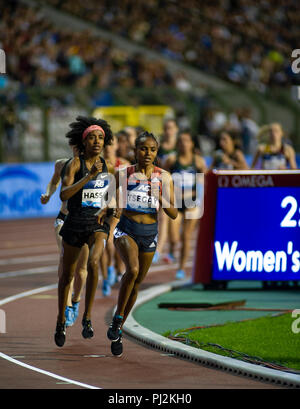 BRUSSELS - BELGIUM, 31 AUG 18. Gudaf Tsegay of Ethiopia and Sifan Hassan of the Netherlands competing in the Women's 1500m at the IAAF Diamond League  Stock Photo