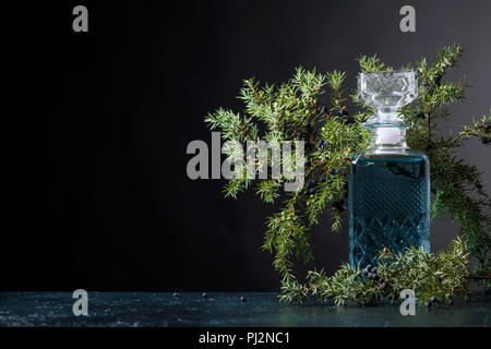Blue gin in crystal decanter and juniper branch with berries on a black background. Copy space for your text. Stock Photo