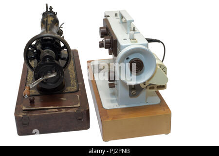 professional sewing machines, mechanical and electrical. rear view. isolated on white background, with clipping path Stock Photo