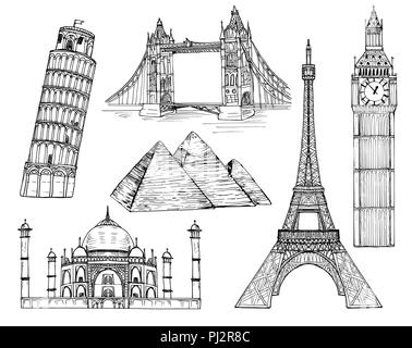 Set of famous world landmarks in flat style. Historical monuments and buidlings. Pisa and Eiffel Towers, Taj Mahal, Egypt pyramids, Big Ben and Harbou Stock Vector