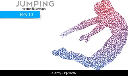 Silhouette of a jumping man from triangles. Text and background on a separate layer, color can be changed in one click. Stock Vector
