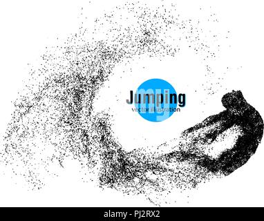 Silhouette of a jumping man from particles. Text and background on a separate layer, color can be changed in one click. Stock Vector
