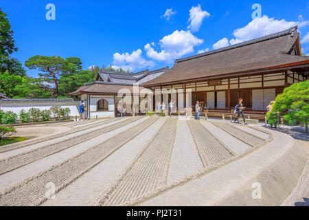 Kyoto, Japan - April 28, 2017: people visit zen garden at Ginkakuji Temple. Ginshadan sand pattern representing the sea. Silver Pavilion or Jisho-ji, is a popolar Zen temple Unesco Heritage in Kyoto. Stock Photo