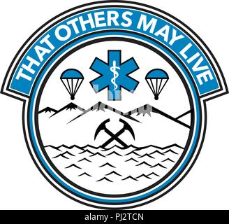 Badge icon illustration fro sea, air and land rescue showing a parachute, paramedic symbol, crossed mountain ice axes set inside circle on isolated ba Stock Vector