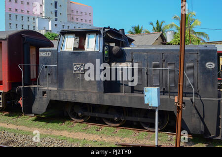 Sri Lanka, Galle, 2017-02-03: Old locomotive hunslet on the railway station. Hunslet is still on the run. Stock Photo