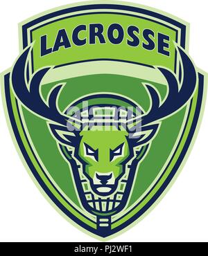 Mascot icon illustration of head of a deer, buck or stag viewed from front with lacrosse stick in back set inside crest shield on isolated background Stock Vector