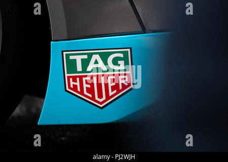 Tag Heuer logo on the front wing of a Formula E car Stock Photo