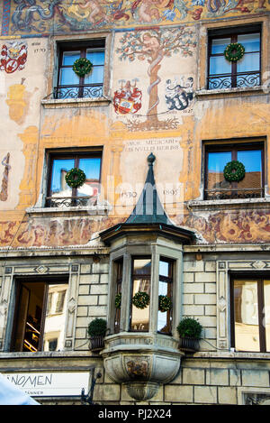 Lucerne, Switzerland fresco painted building and pepper-pot turret. Stock Photo