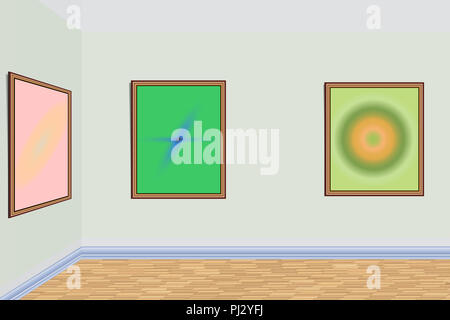 Paintings in wooden frames depicting abstract art hang in the museum on the wall Stock Photo