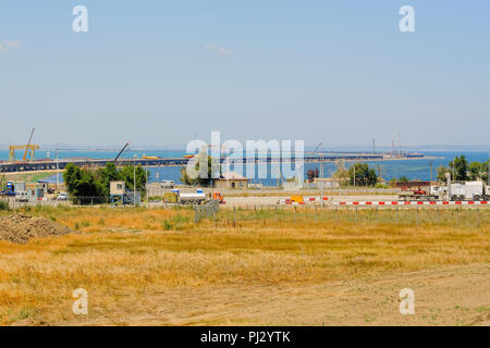 Taman, Russia - July 12, 2017: Construction of a bridge across the Kerch Strait, a view of the coastline and the connection Tuzla Spit from the Taman  Stock Photo