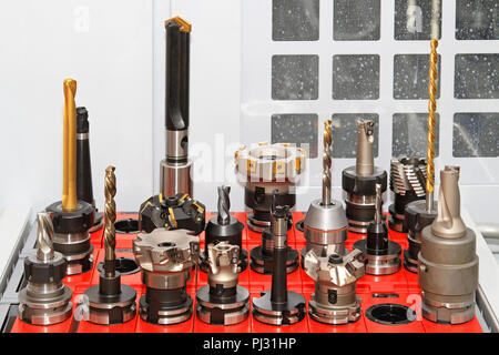 Collection of milling and drilling tools for CNC machine Stock Photo