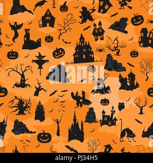 Halloween holiday seamless pattern. Flat design. Vector illustration Stock Vector