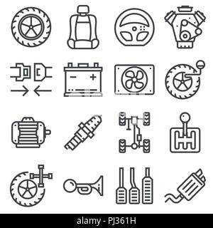 Vector Line Car Parts Icons Set. Pedals, Car Belt, Chassis, Car Exhaust, Wheel and more Stock Vector