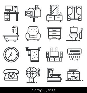 Vector gray line house furniture icons set. Tv shelf, Aid box, Toilet, Bathtub, Shower, Conditioner, Sofa, Computer table and more Stock Vector