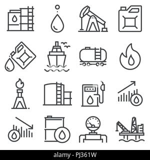 Industry oil linevector icon set - oil jack vector, canister, offshore platform, gas station, pipeline, barrel, factory Stock Vector