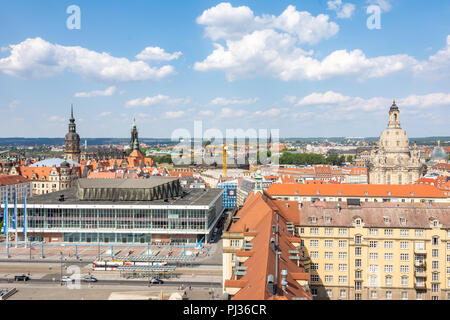 DRESDEN, GERMANY - AUGUST 22: Aerial view over the Altmarkt square in Dresden, Germany on August 21, 2018. Foto taken from Kreuzkirche tower with view Stock Photo