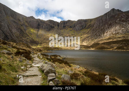 Rocky path leading up to the Devils' Kitchen at Cwm Idwal nature reserve in Snowdonia national park, North Wales. Stock Photo