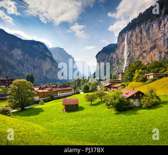 Colorful summer view of Lauterbrunnen village. Beautiful outdoor scene in Swiss Alps, Bernese Oberland in the canton of Bern, Switzerland, Europe. Stock Photo