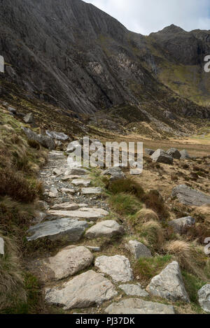 Rocky path leading up to the Devils' Kitchen at Cwm Idwal nature reserve in Snowdonia national park, North Wales. Stock Photo