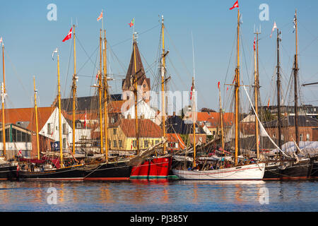 sailing ships moored in harbor of Assens, Region Syddanmark, denmark Stock Photo