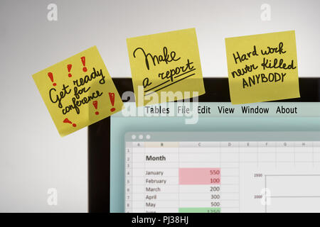 Small reminders on yellow sticky notes Stock Photo