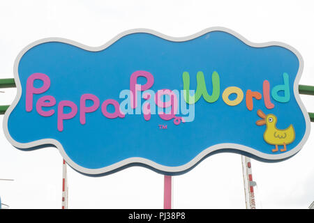 Peppa Pig World sign, Paultons park, Ower, Romsey, Southampton, England, United Kingdom. Stock Photo