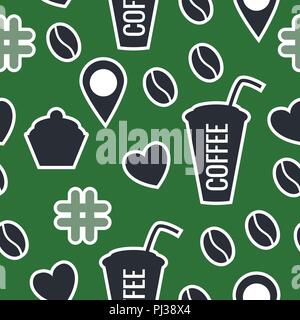 Seamless pattern of coffee. Vector illustration of stickers isolated on a green background. Stock Vector