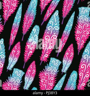 Bright feather colorful hand drawn swirls. Seamless pattern. Vector illustration isolated on dark. Stock Vector
