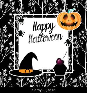 Happy Halloween template card. Vector illustration of a hand drawn flower frame. Pumpkin Jack. Stock Vector