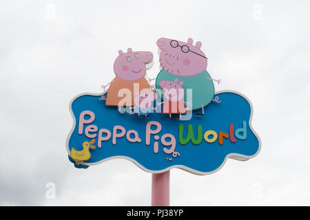 Peppa Pig World sign, Paultons park, Ower, Romsey, Southampton, England, United Kingdom. Stock Photo