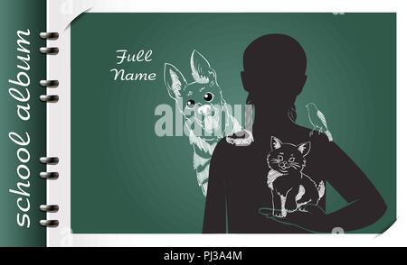template of a school album, in the form of a silhouette of a child with elements chalked on a chalkboard in the form of childrens dreams about the fut Stock Vector