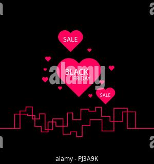 Black Friday in the City the Perfect Sale. White Ribbon Banner in Flat Style on a Black Background with an Abstract City Skyline and heart and text love. Vector Illustration Stock Vector