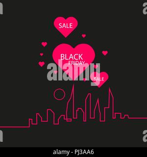 Black Friday in the City the Perfect Sale. White Ribbon Banner in Flat Style on a Black Background with an Abstract City Skyline and heart and text love. Vector Illustration Stock Vector
