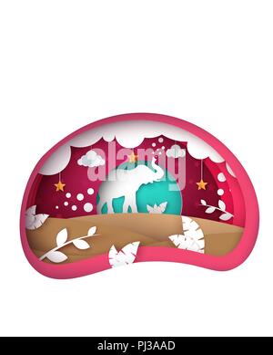 Cartoon paper landscape. Elephant illustration. Cloud, leaf, sun, star. Stock Vector