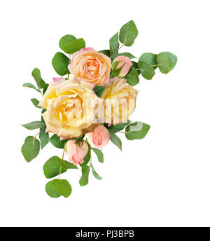Eucalyptus leaves and yellow rose flowers bouquet isolated on white background. Top view. Flat lay. Stock Photo
