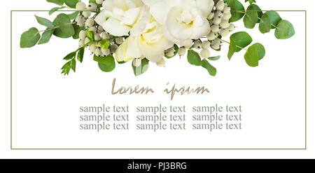 Floral background with fresh white freesia flowers and eucalyptus leaves isolated on white Stock Photo