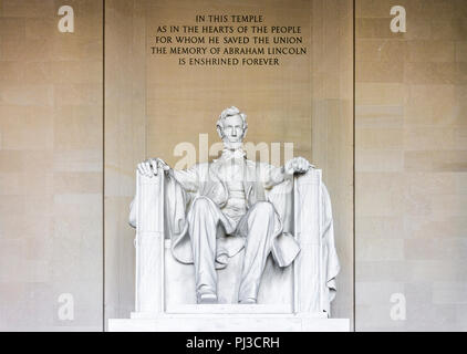 Washington, D.C. Front view of the statue of Abraham Lincoln, 16th President of the United States, at Lincoln Memorial, an American national monument Stock Photo