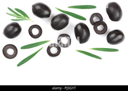 whole and sliced black olives with rosemary leaves isolated on white background. Top view. Flat lay pattern Stock Photo