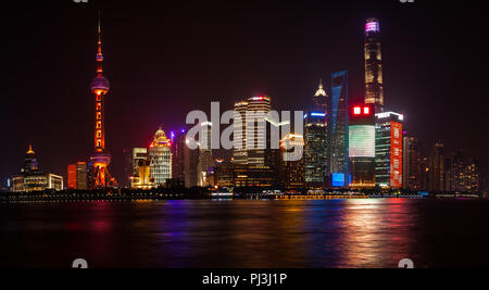 The Oriental Pearl Radio and Television Tower and Shanghai buildings. Panoramic view from the embankment of the Vaitan to the Pudong District Stock Photo