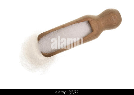 granulated sugar in wooden spoon isolated on white background. Top view. Flat lay Stock Photo