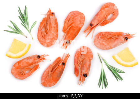 Red cooked prawn or shrimp with rosemary and lemon slice isolated on white background. Top view. Flat lay Stock Photo