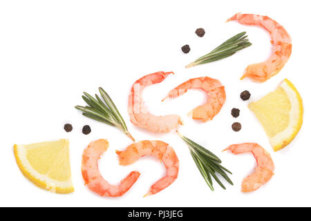 Red cooked prawn or shrimp with rosemary and lemon isolated on white background with copy space for your text. Top view Stock Photo