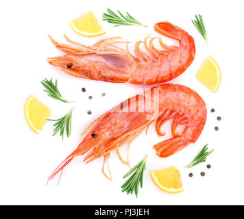 Red cooked prawn or shrimp with rosemary and lemon isolated on white background. Top view. Flat lay Stock Photo