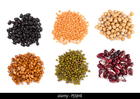Collection set of Various dried kidney legumes beans, soybeans, lentils, chickpeas close up isolated on white background Stock Photo
