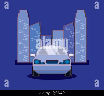 parked car over city buildings and blue background, colorful design. vector illustration Stock Vector